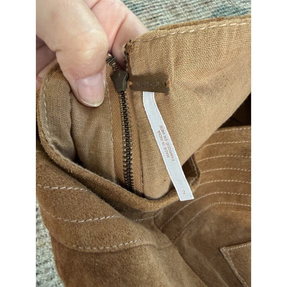 Free People Brown Faux Suede Mini Skirt Size 2 Boho Western Embroidered Pockets - Picture 3 of 3